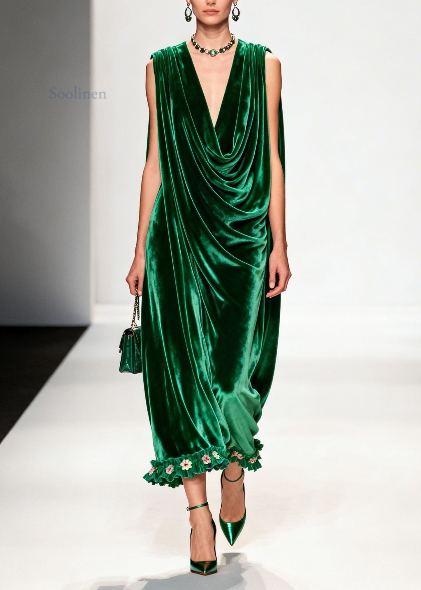 Women Green Ruffled Floral Patchwork Velvet Ankle Dress Sleeveless