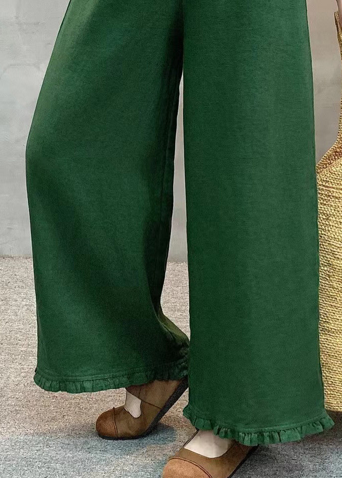 Women Green Ruffled Linen Wide Leg Pants Summer