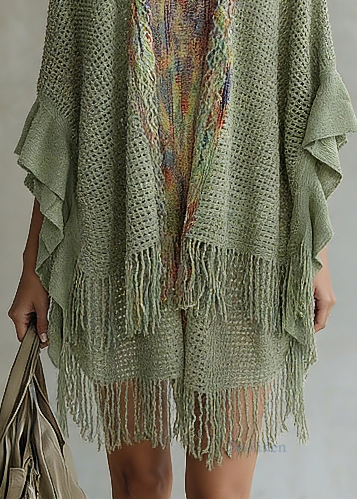 Women Green V Neck Knit Cardigan Batwing Sleeve