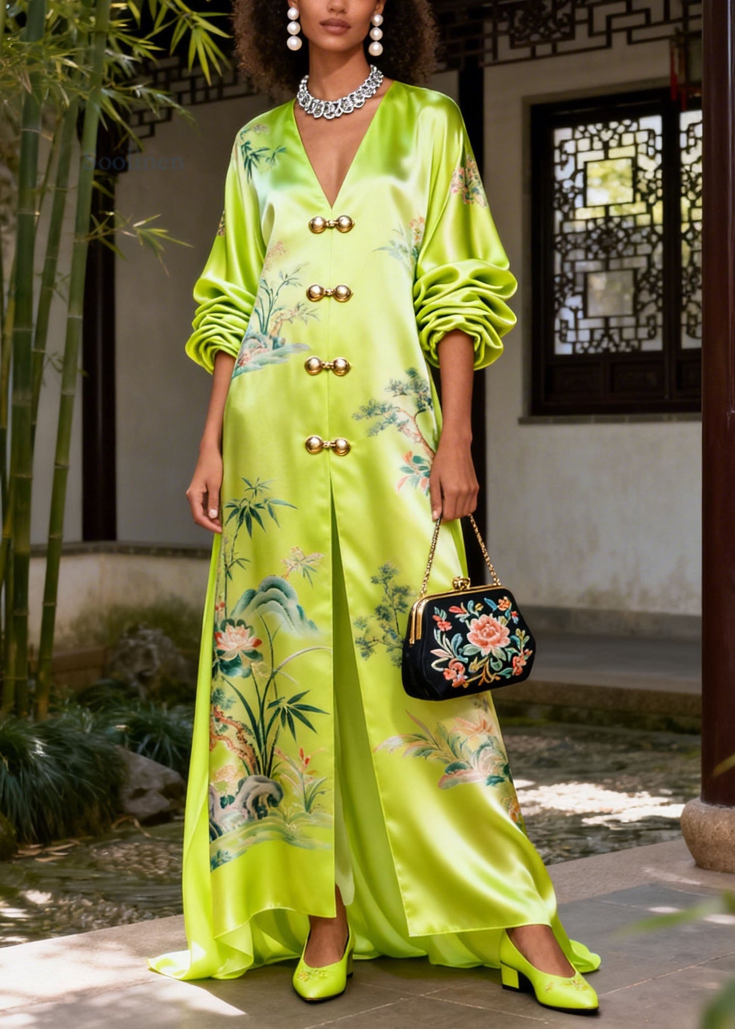 Women Green V Neck Print Silk Vacation Dresses Summer