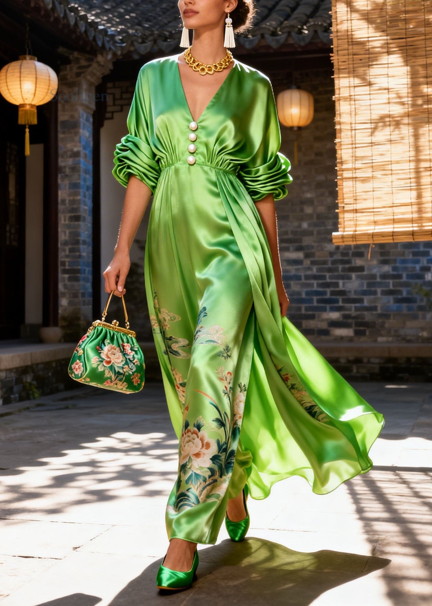 Women Green V Neck Wrinkled Print Silk Long Dress Summer