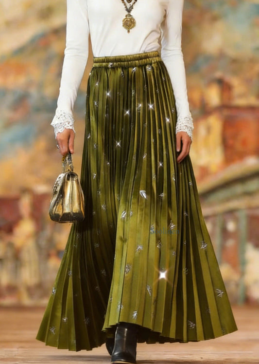 Women Green Wrinkled Zircon Velvet Skirts Spring
