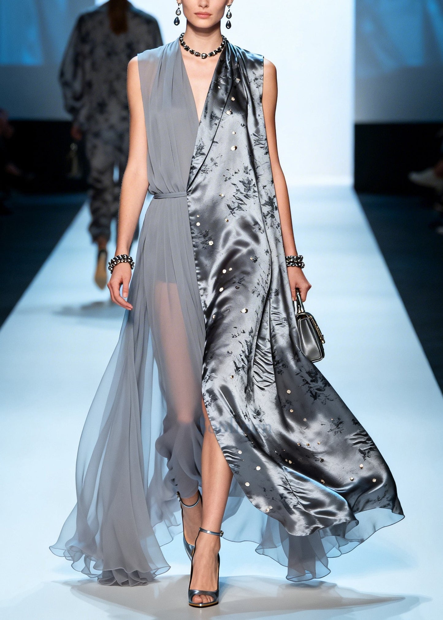 Women Grey Asymmetrical Patchwork Chiffon Fake Two Piece Dress Summer