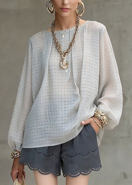 Women Grey Dot Print Top Lantern Sleeve