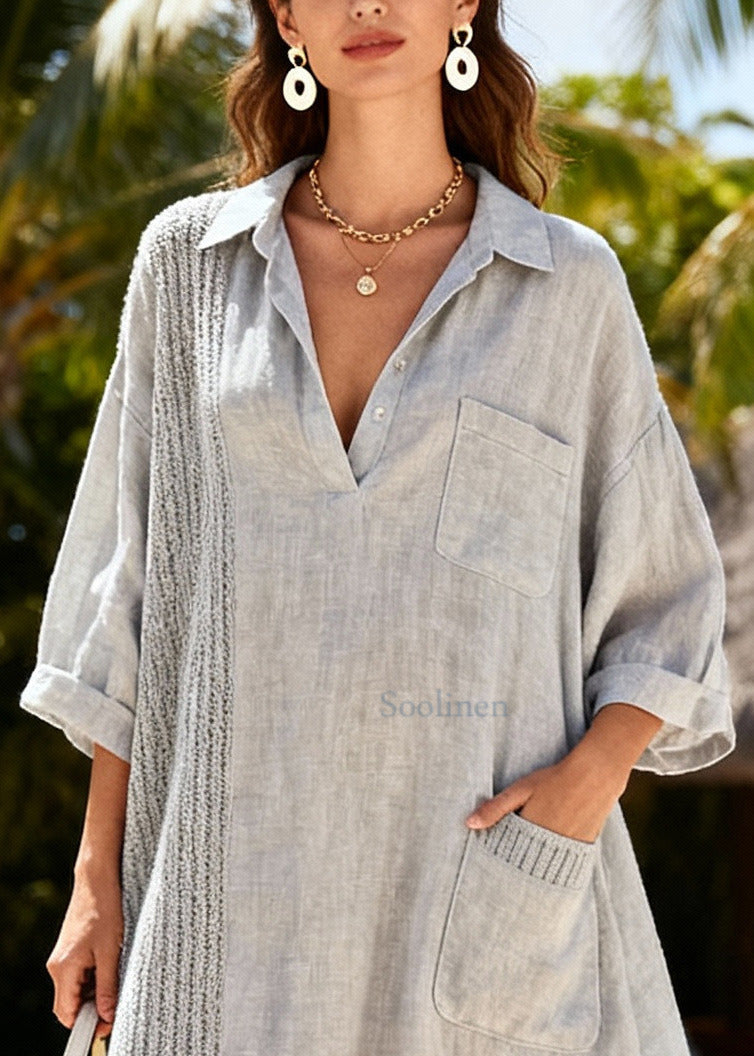 Women Grey Oversized Patchwork Cotton Shirt Dresses Spring