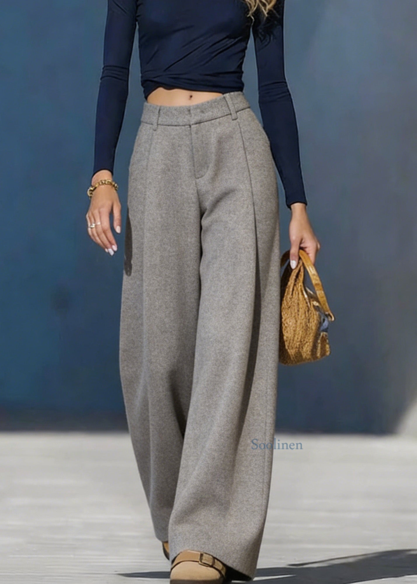 Women Grey Pockets Woolen Wide Leg Pants Spring