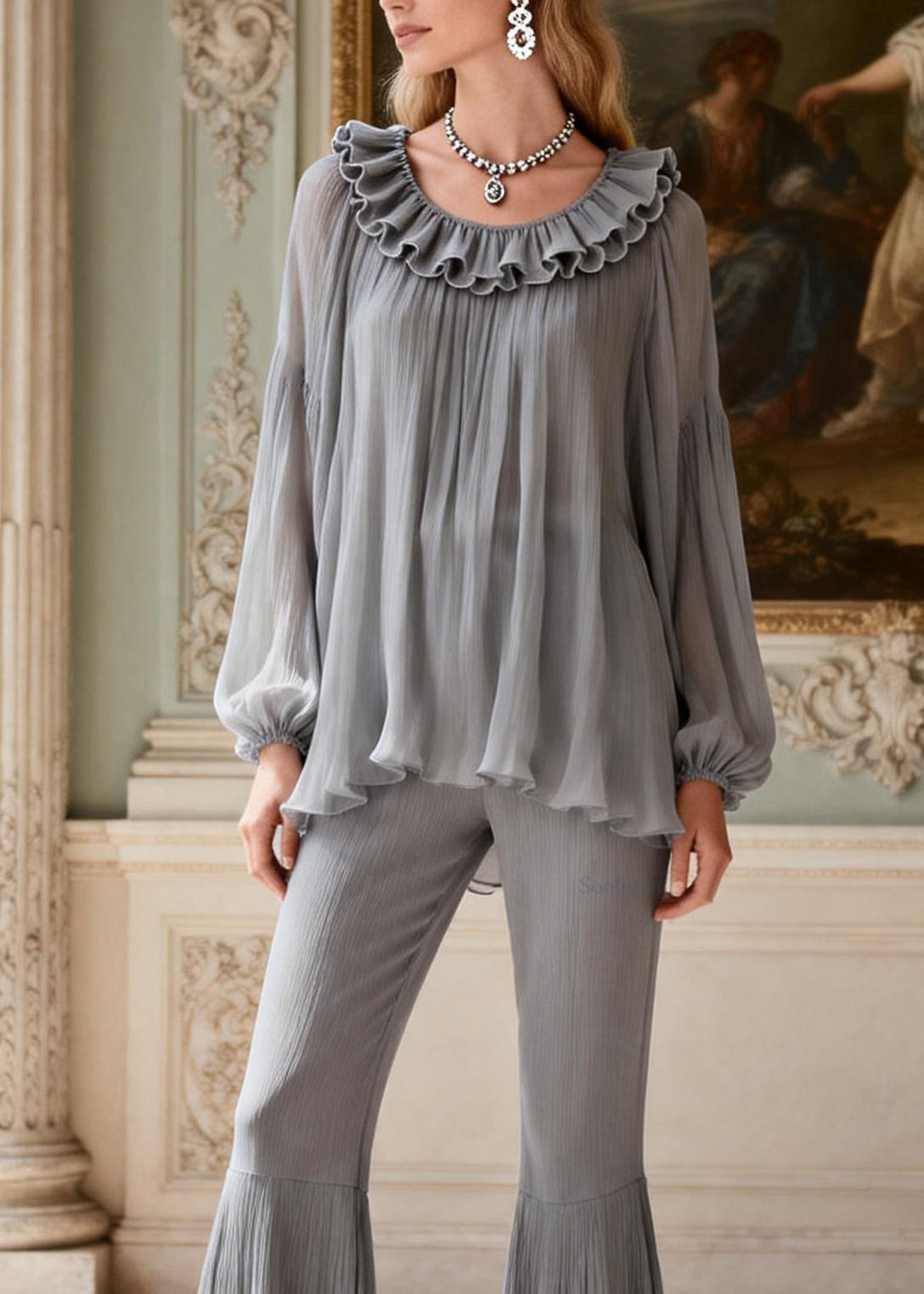 Women Grey Ruffled Patchwork Linen Silk 2 Piece Outfit Spring