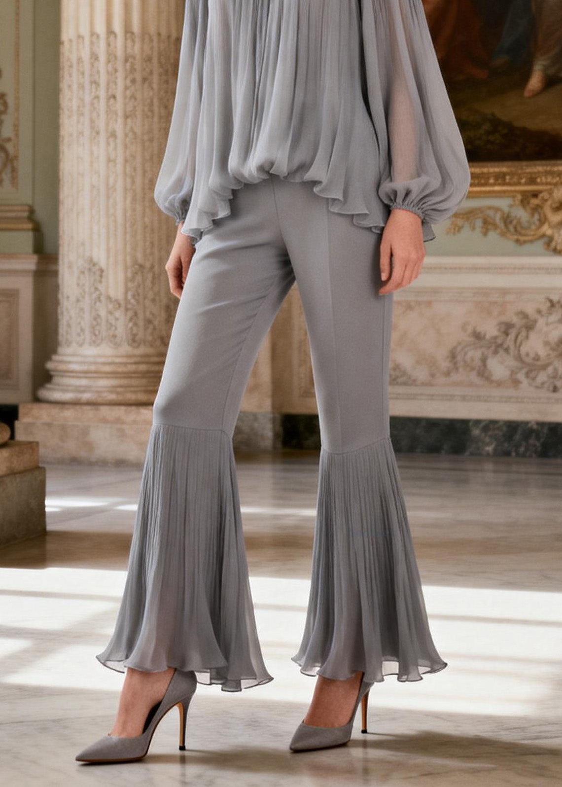 Women Grey Ruffled Patchwork Linen Silk 2 Piece Outfit Spring