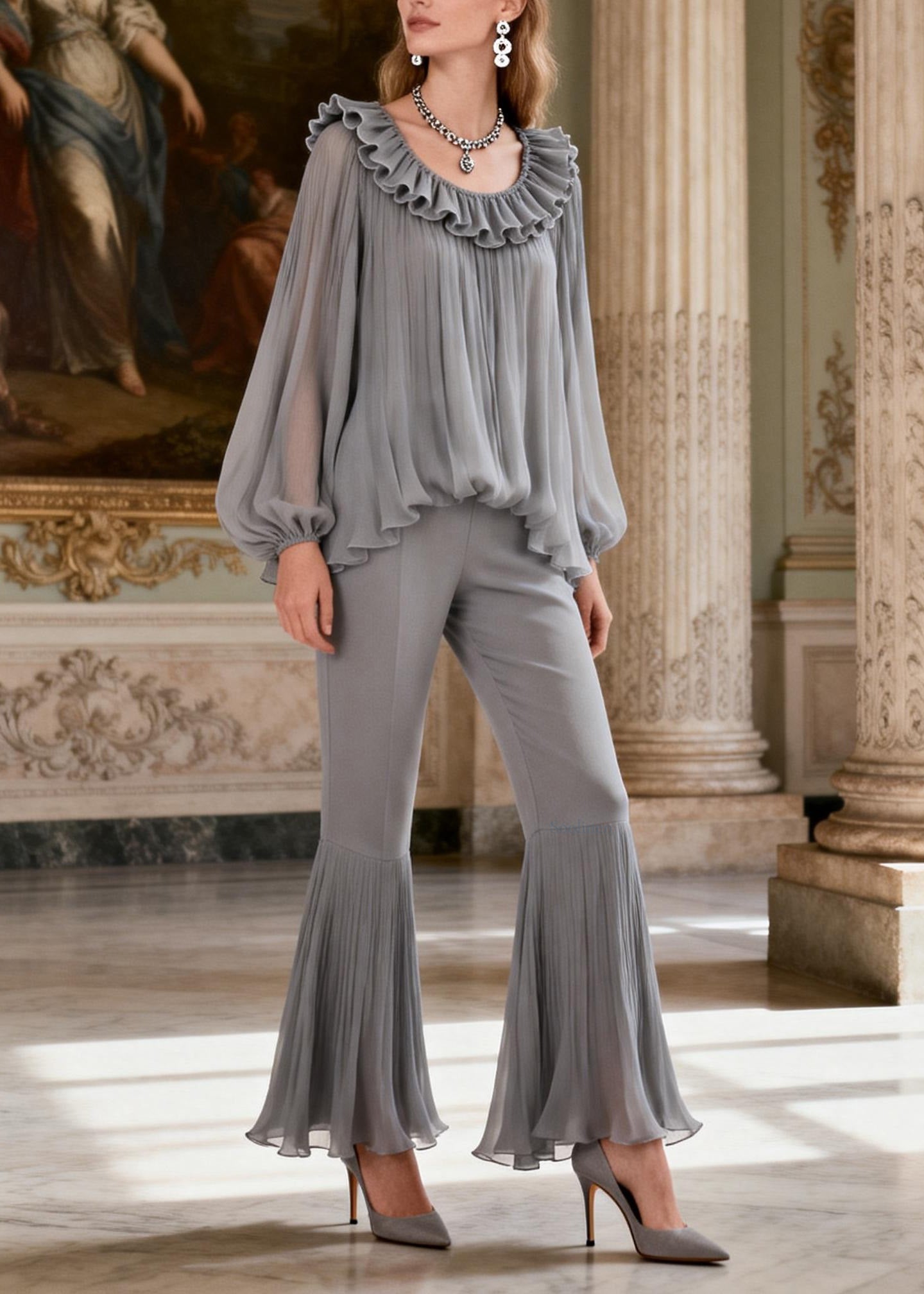 Women Grey Ruffled Patchwork Linen Silk 2 Piece Outfit Spring