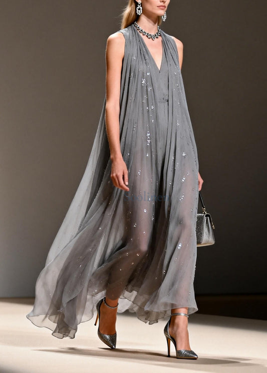 Women Grey Sequins Chiffon Long Dress Sleeveless