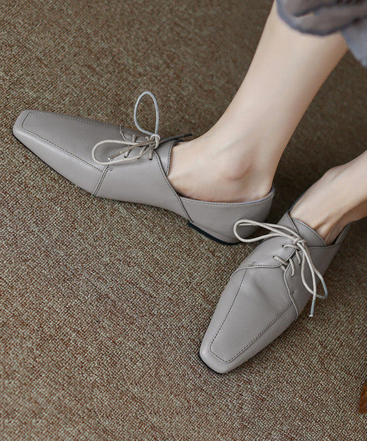 Women Grey Sheepskin Lace Up Splicing Square Toe Flat Shoes