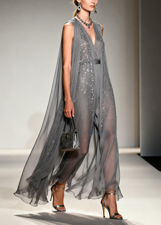 Women Grey Sparkling Zircon Draping Chiffon Dress Two Piece Set Sleeveless