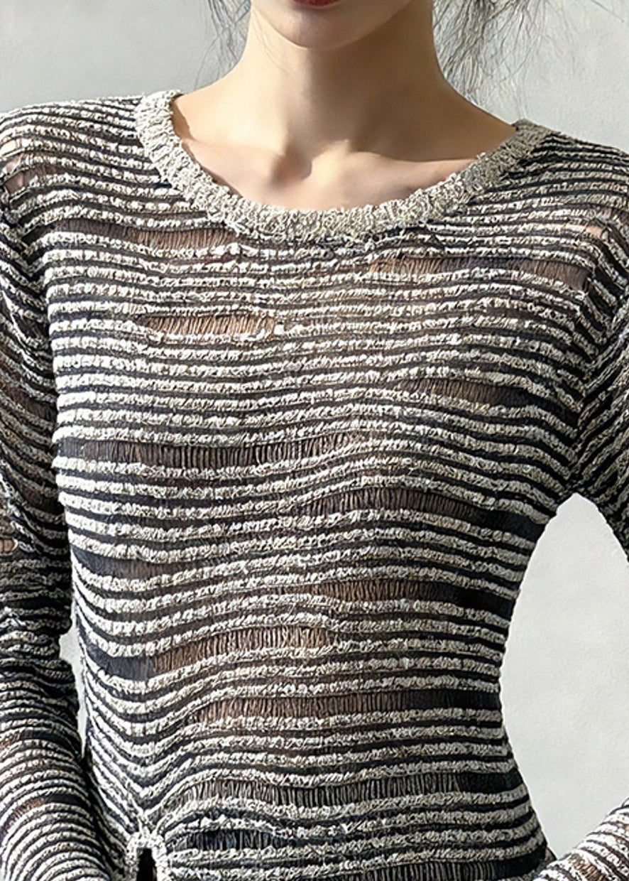 Women Grey Striped Cinched Knit Sweaters Spring
