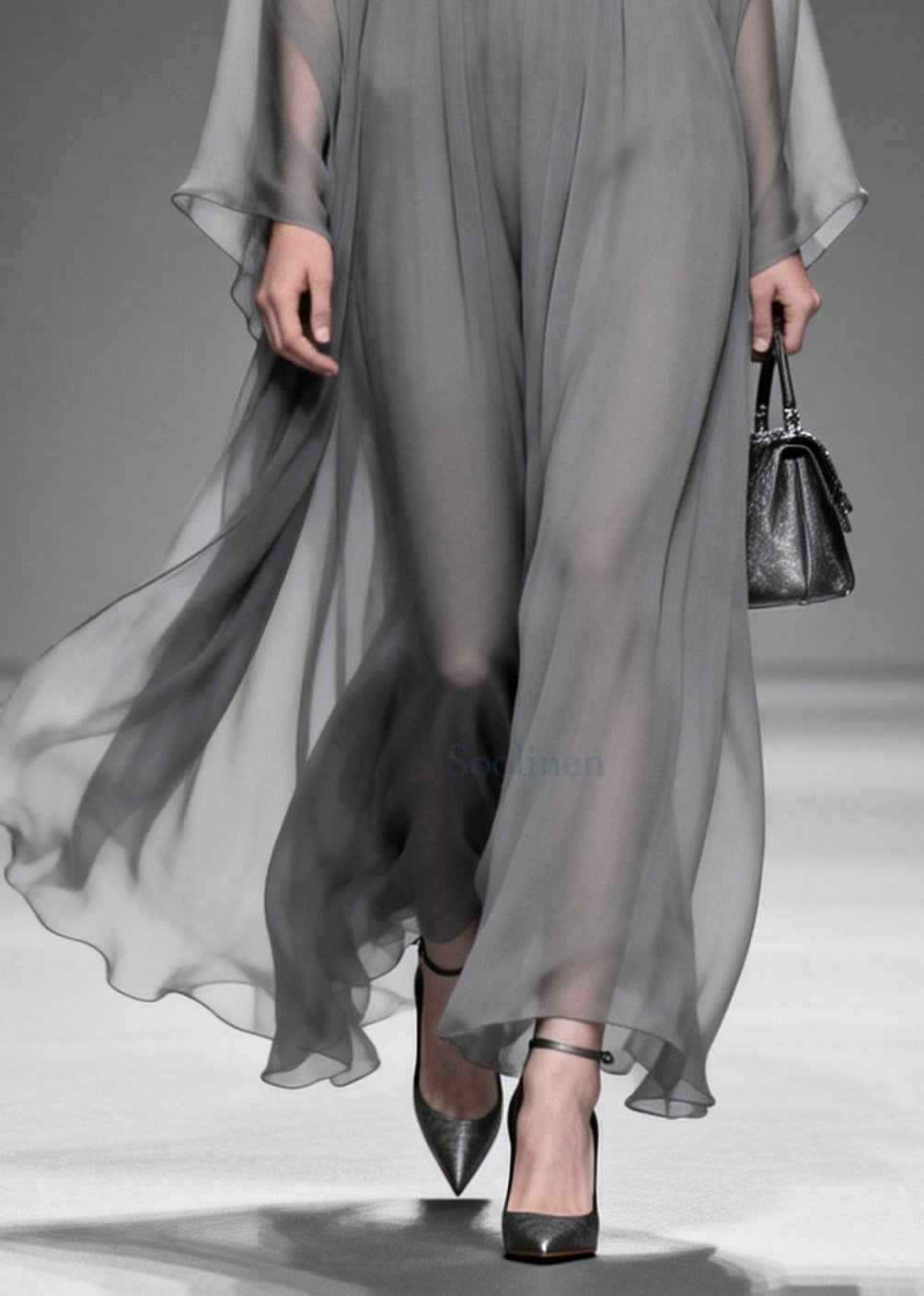Women Grey V Neck Patchwork Chiffon Maxi Dress Summer