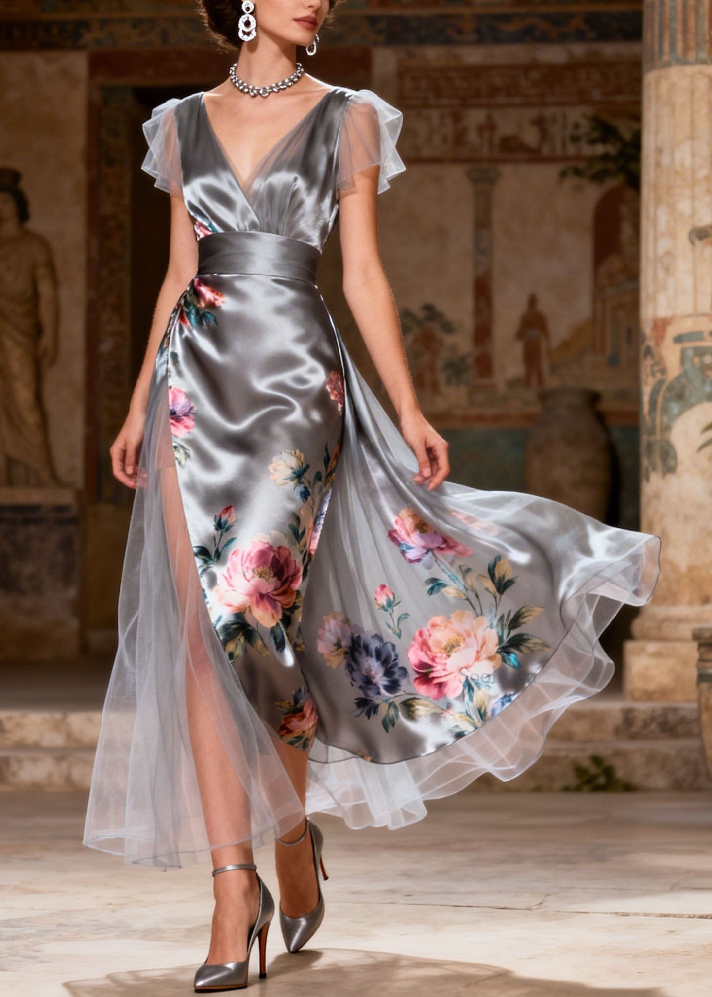 Women Grey V Neck Print Patchwork Silk Dress Summer