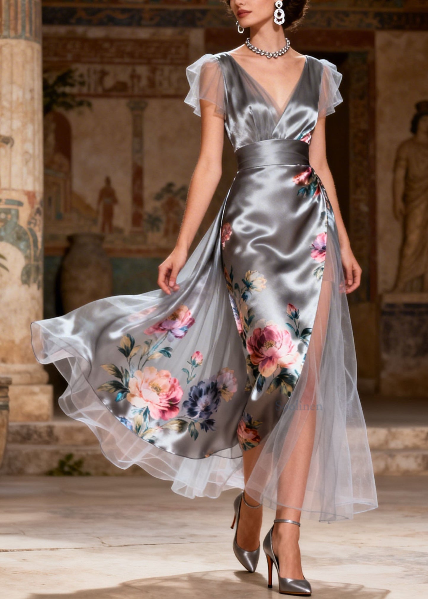 Women Grey V Neck Print Patchwork Silk Dress Summer