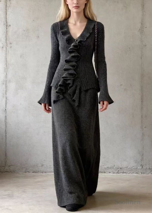 Women Grey V Neck Ruffles Knit Two Pieces Set Spring