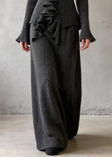 Women Grey V Neck Ruffles Knit Two Pieces Set Spring