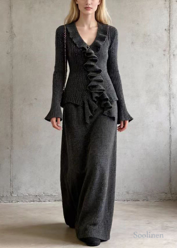 Women Grey V Neck Ruffles Knit Two Pieces Set Spring