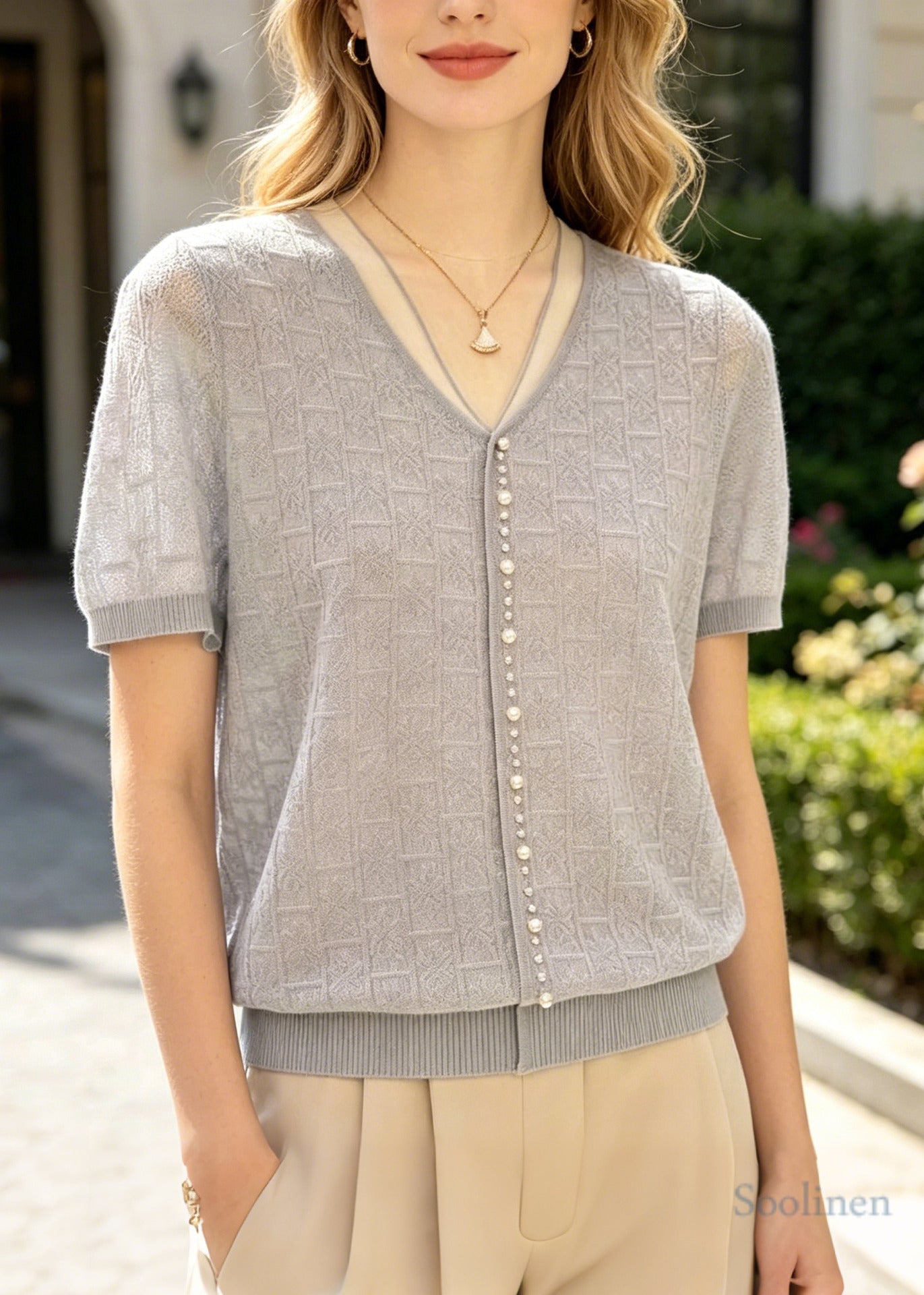Women Jacquard Handmade Pearl Knit Top Summer