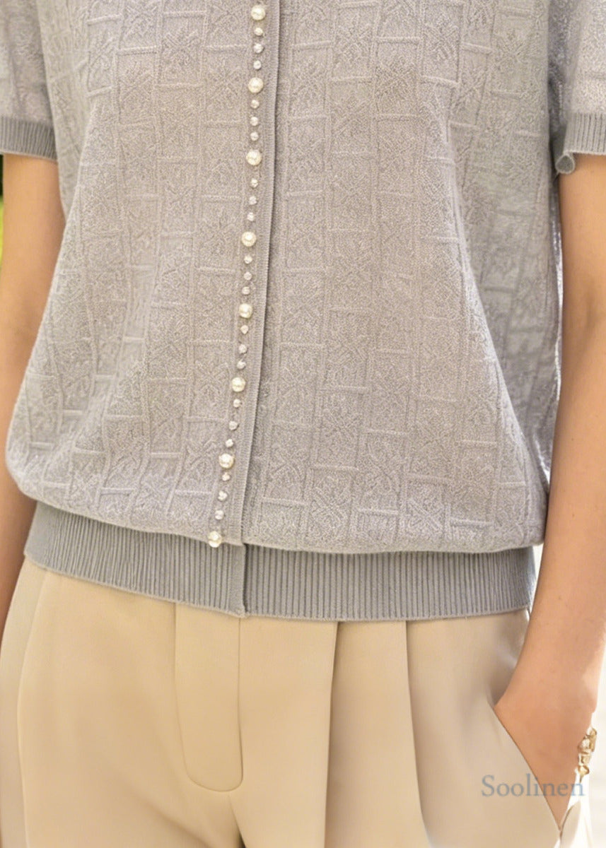 Women Jacquard Handmade Pearl Knit Top Summer