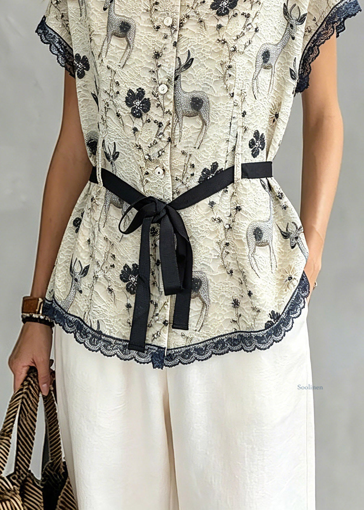 Women Khaki Lace Patchwork Tie Waist Silk Tops Short Sleeve