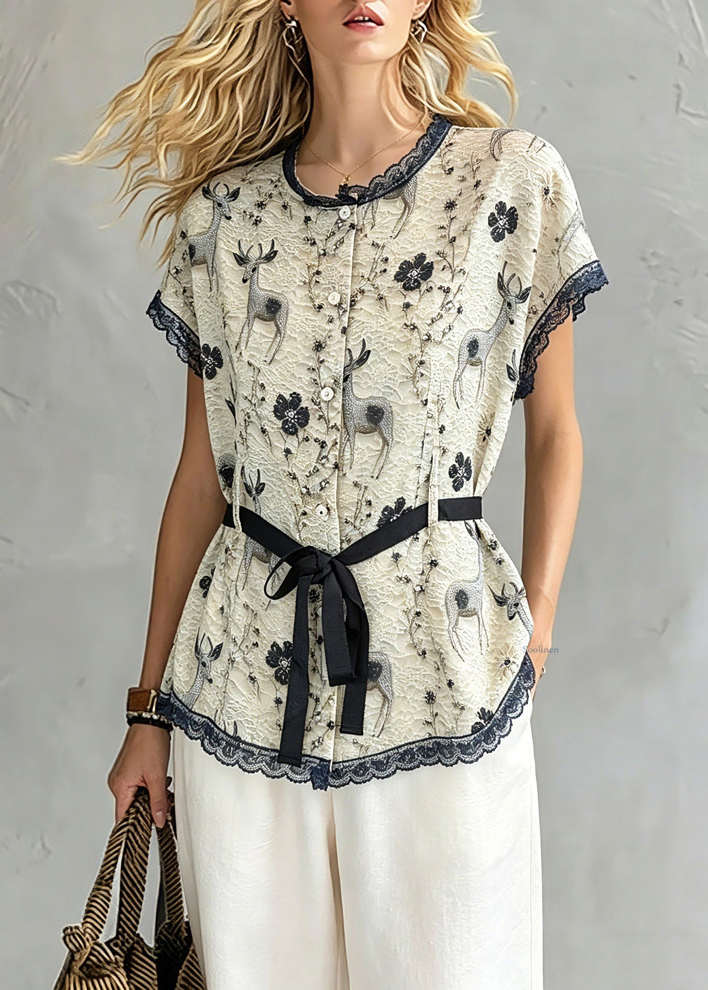 Women Khaki Lace Patchwork Tie Waist Silk Tops Short Sleeve