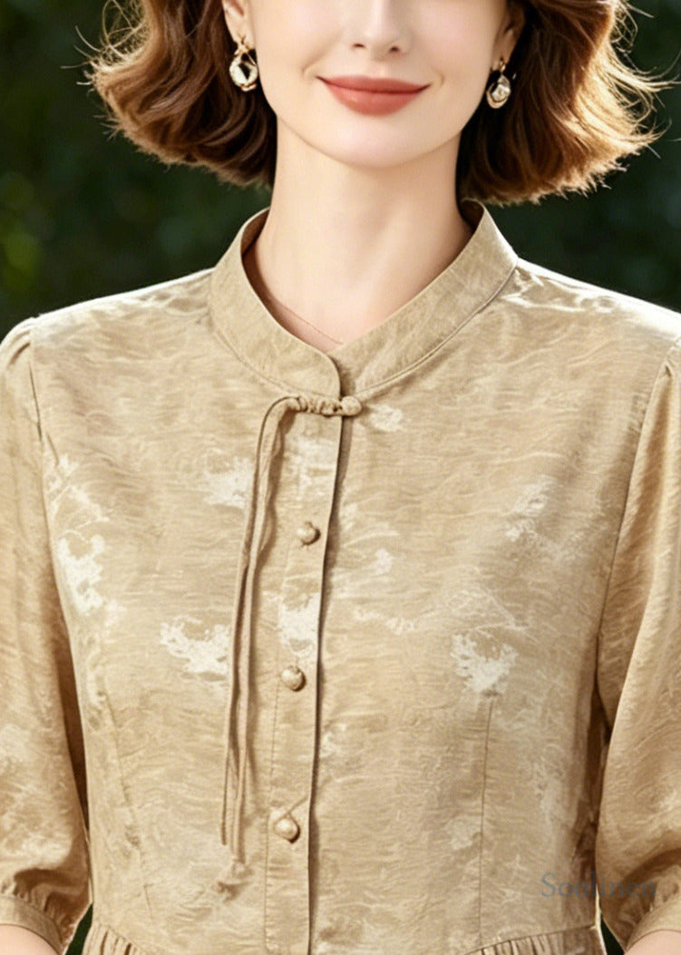 Women Khaki Tasseled Wrinkled Silk Blouse Tops Half Sleeve