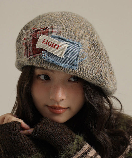 Women Khaki Versatile Patch Knit Breton Hat