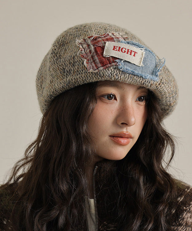 Women Khaki Versatile Patch Knit Breton Hat