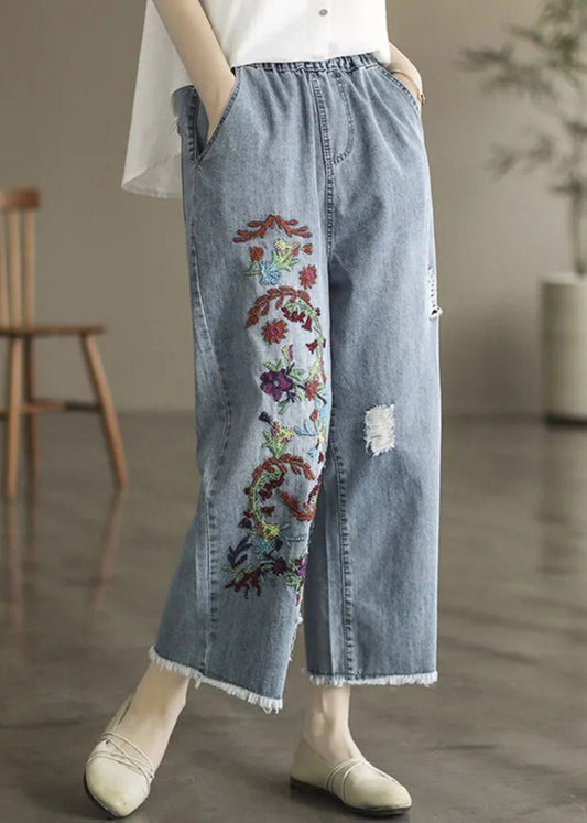Women Light Blue Embroidered Pockets Patchwork Crop Jeans Summer