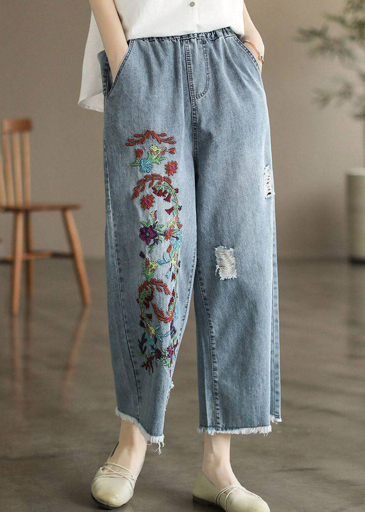 Women Light Blue Embroidered Pockets Patchwork Crop Jeans Summer