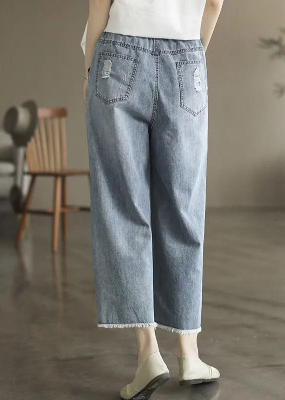 Women Light Blue Embroidered Pockets Patchwork Crop Jeans Summer