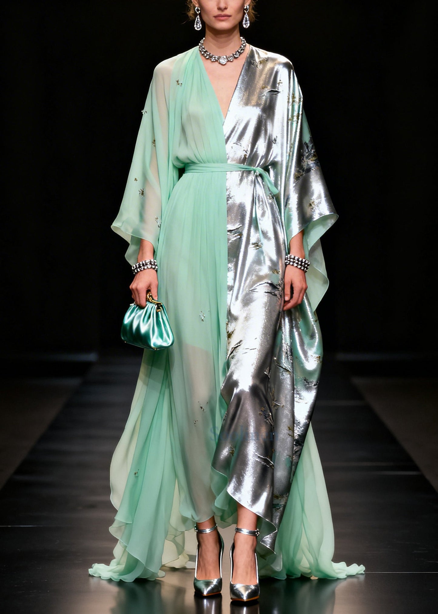 Women Light Green Asymmetrical Patchwork Jacquard Chiffon Party Dress Summer