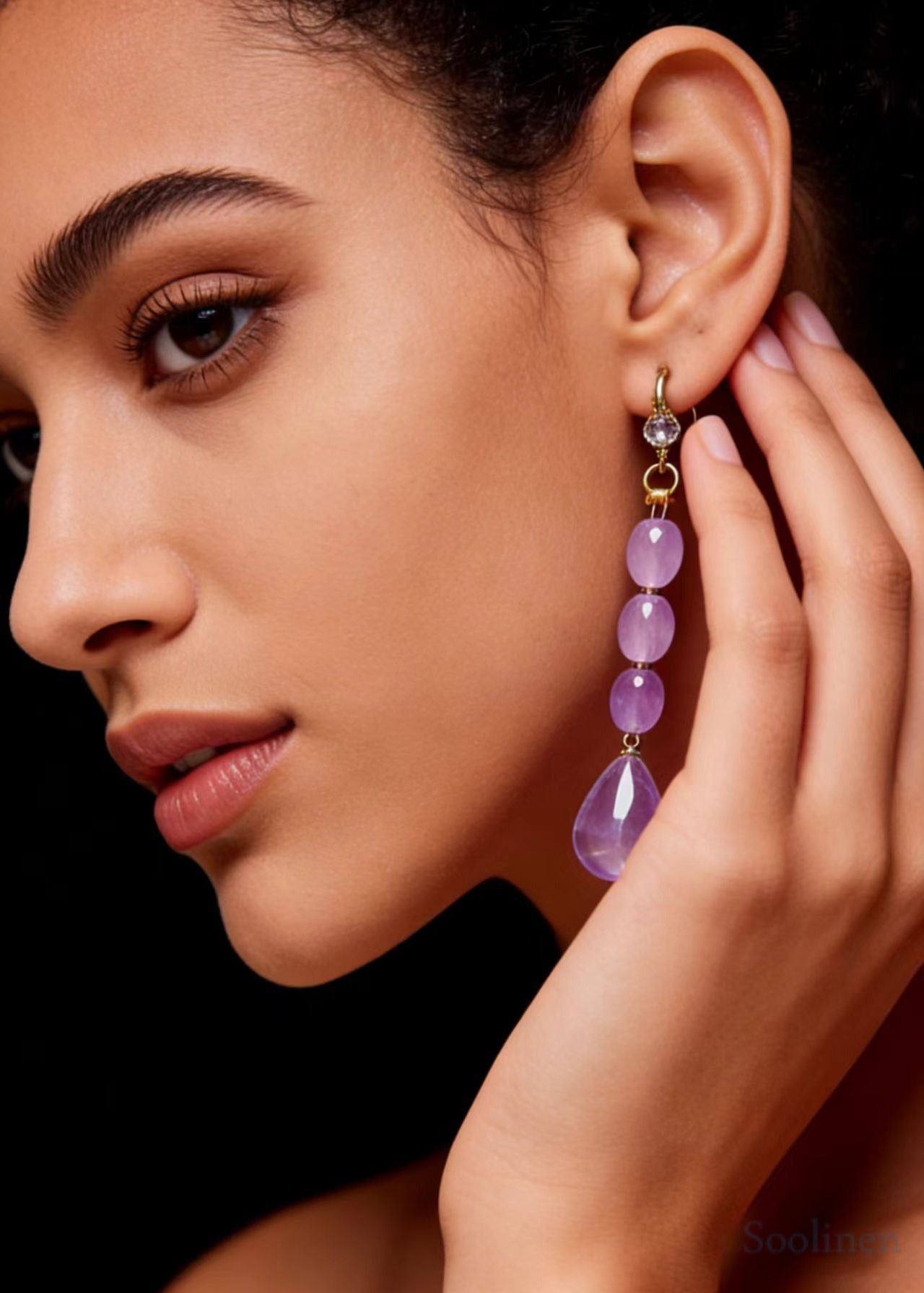 Women Light Purple Droplet Shape Crystal Drop Earrings