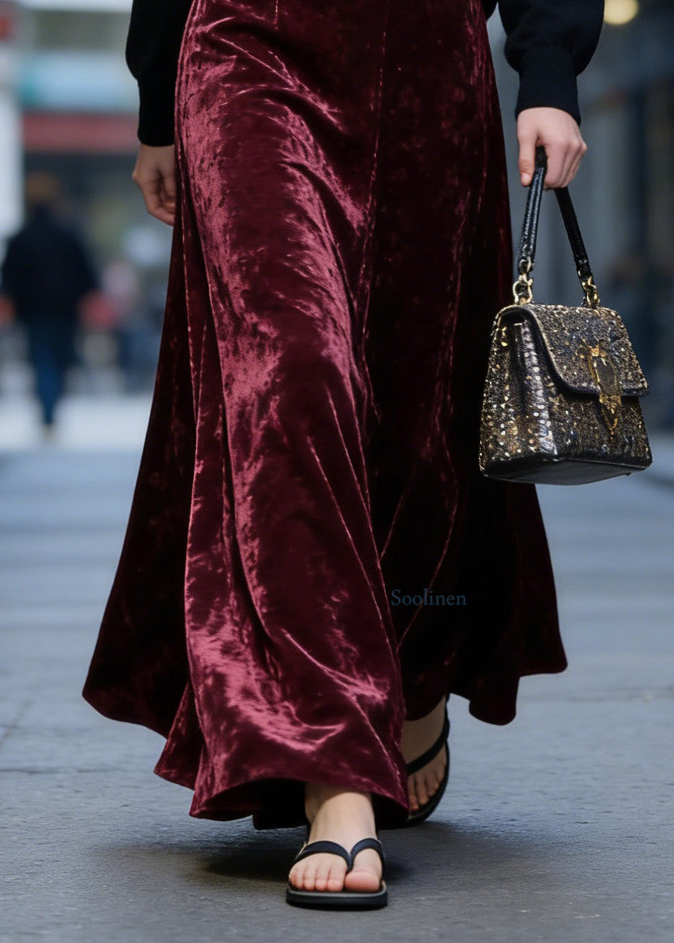 Women Mulberry High Waist Exra Large Hem Velvet Skirt Spring