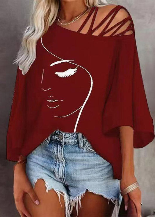 Women Mulberry Print Asymmetrical Hollow Out Short Sleeve Yoga Top