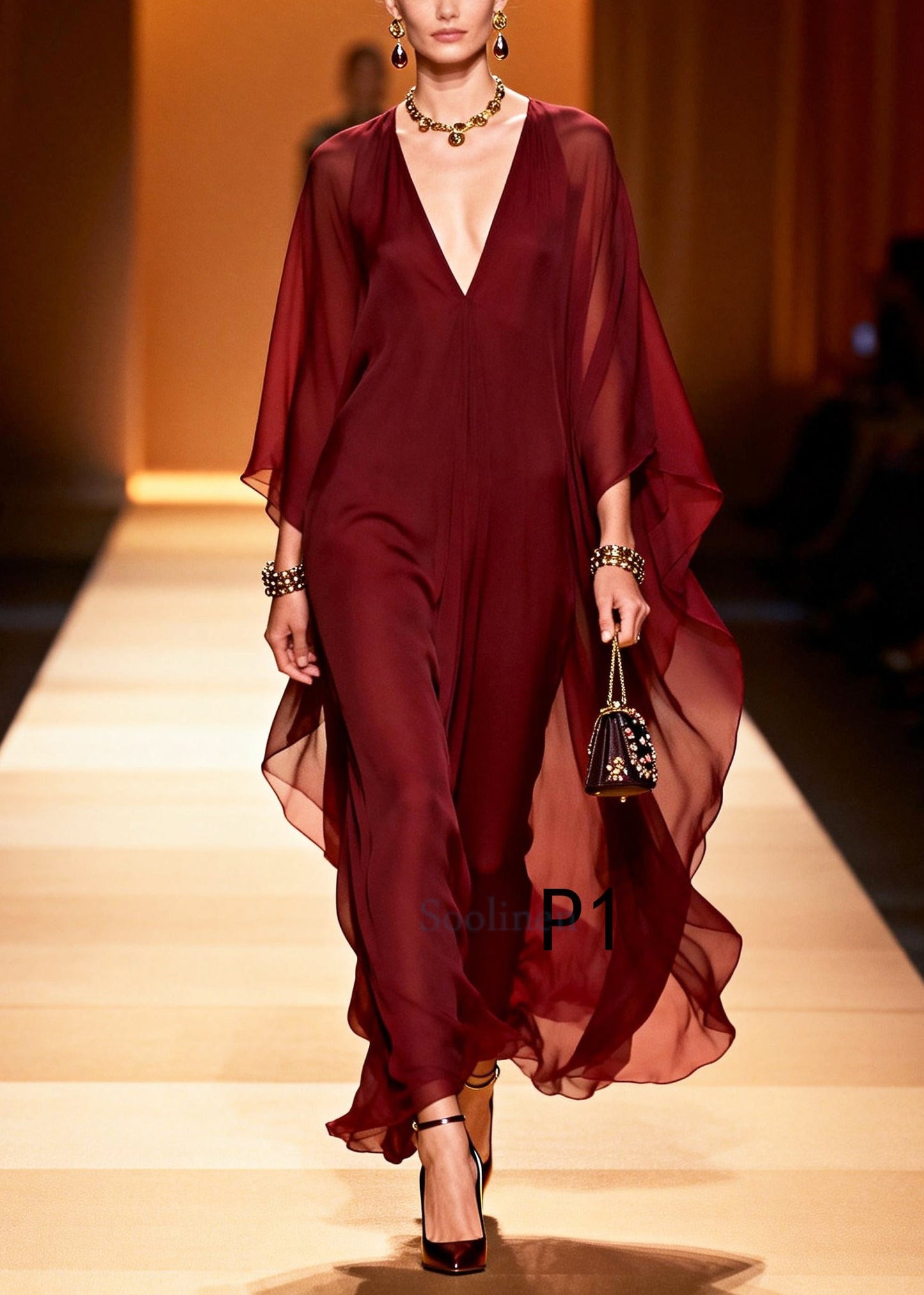 Women Mulberry V Neck Chiffon Vacation Dress Summer