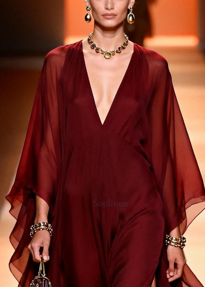 Women Mulberry V Neck Chiffon Vacation Dress Summer