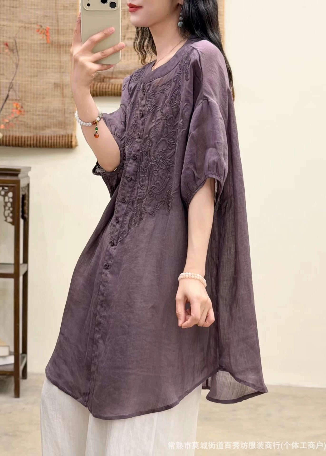 Women Navy O-Neck Embroidered Linen Shirt Top Summer