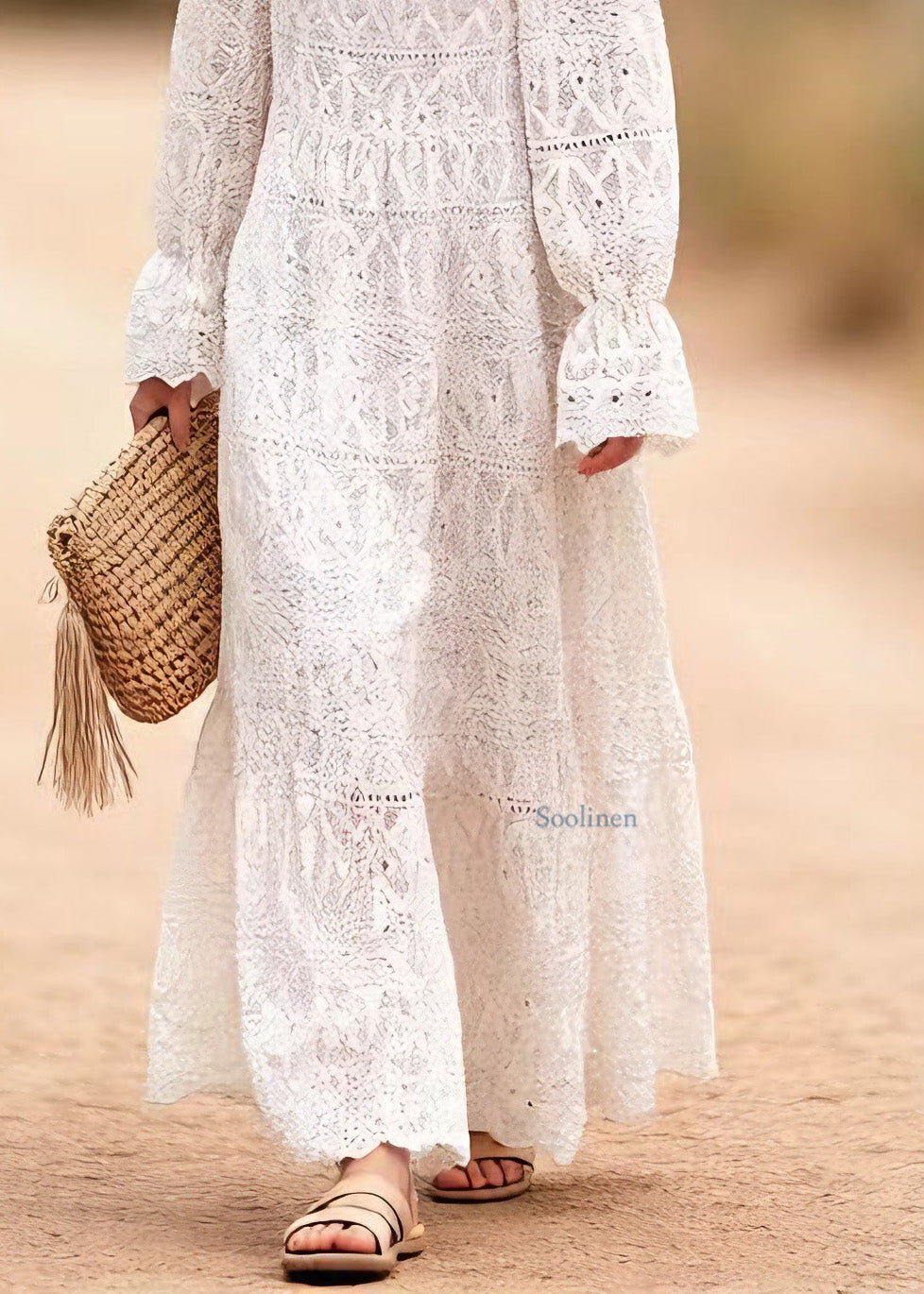 Women O Neck Embroidered Hollow Out Lace Long Dresses Spring