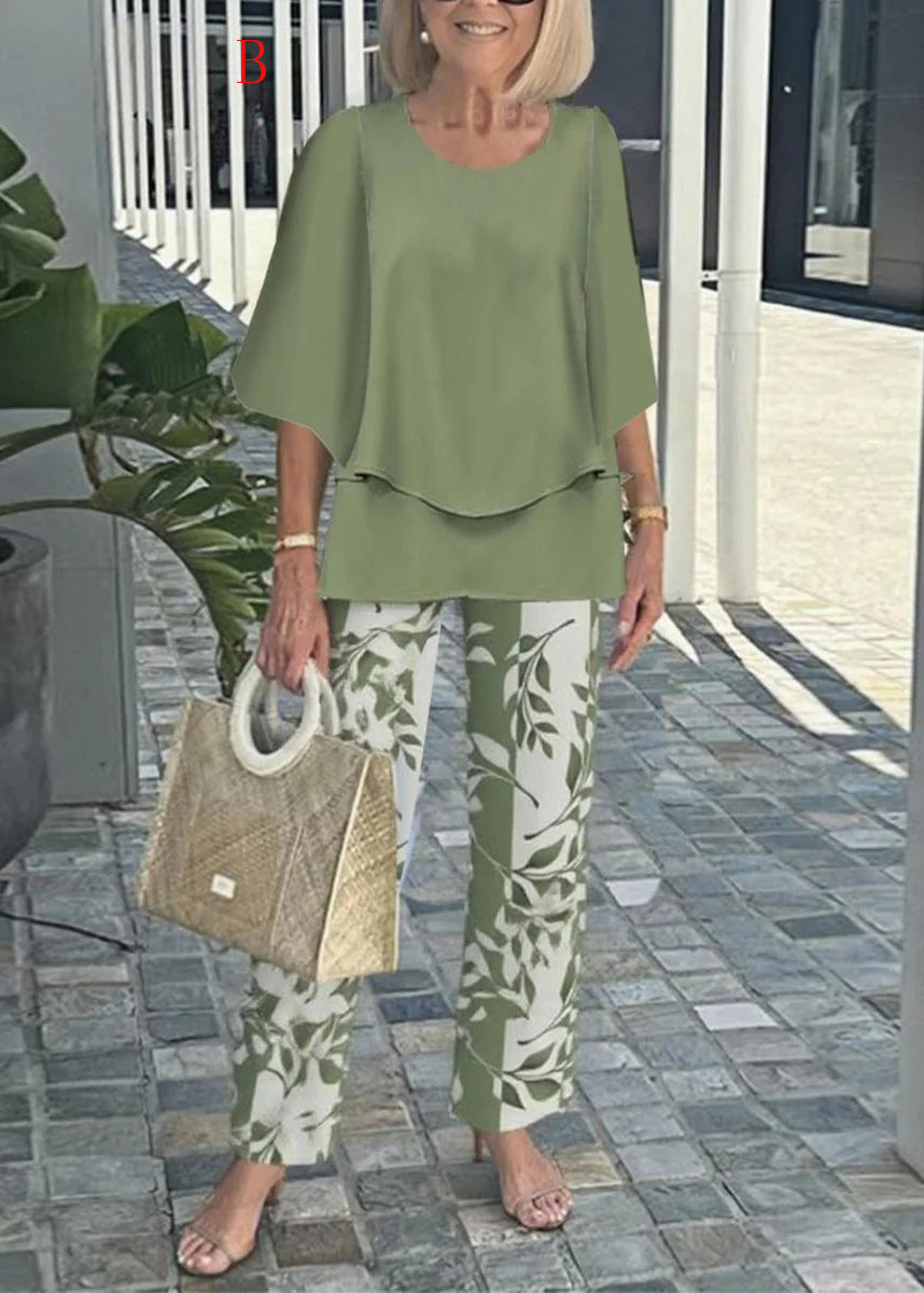 Women O Neck Print Loose Chiffon Two Pieces Set Summer
