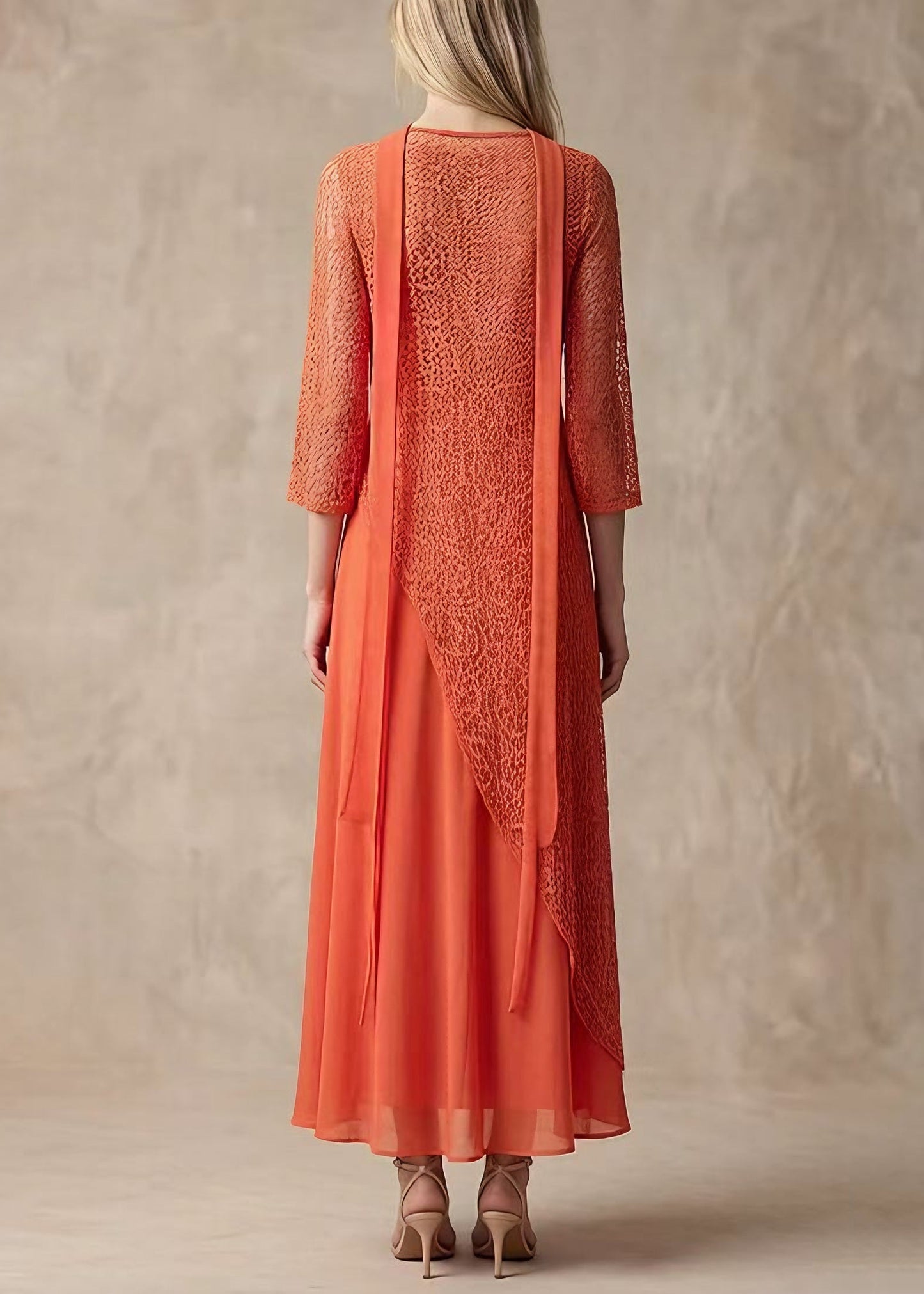 Women Orange Asymmetrical Lace Long Smock And Chiffon Dress 2 Piece Outfit Summer