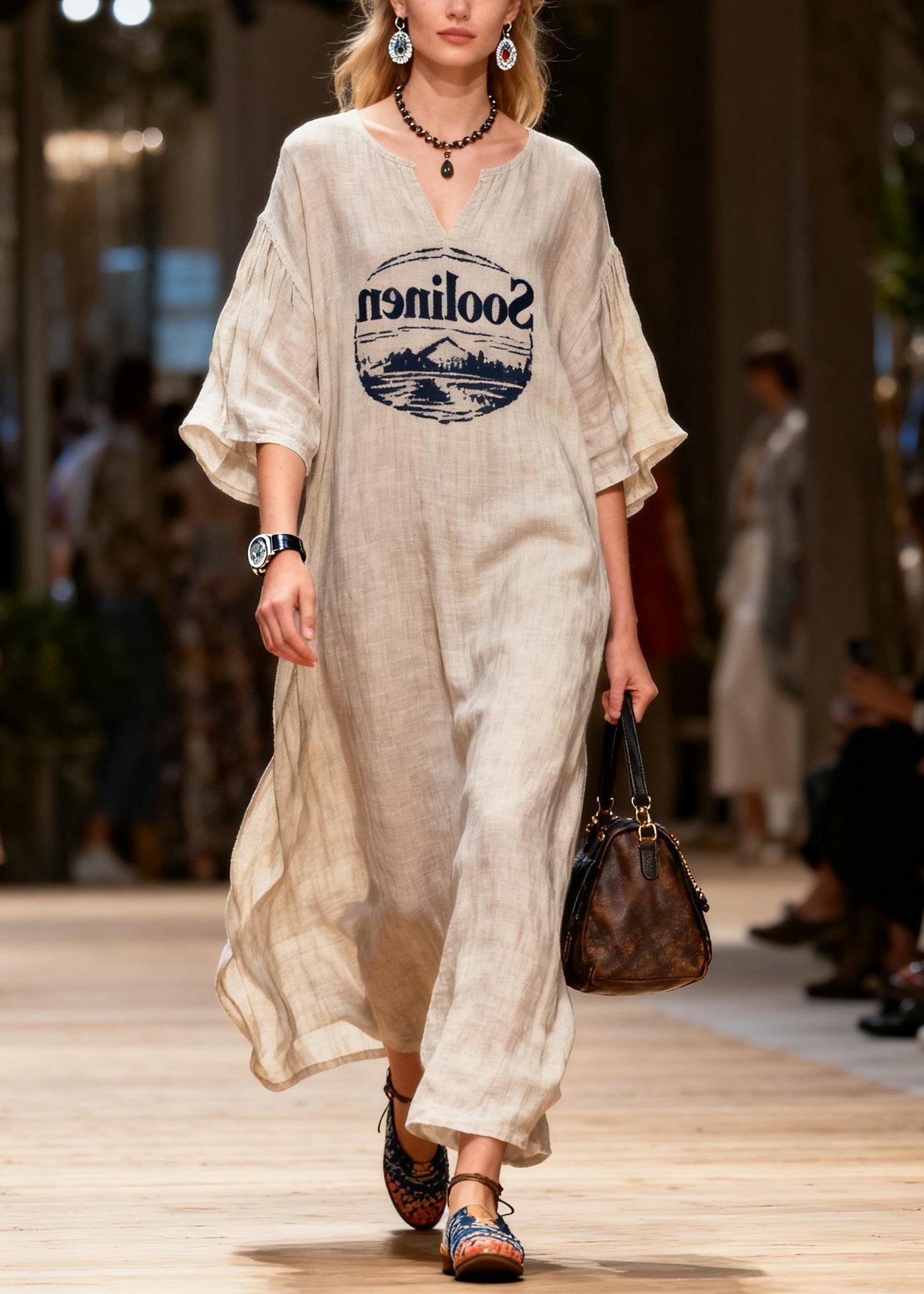 Women Oversized Print Linen Maxi Dresses Summer