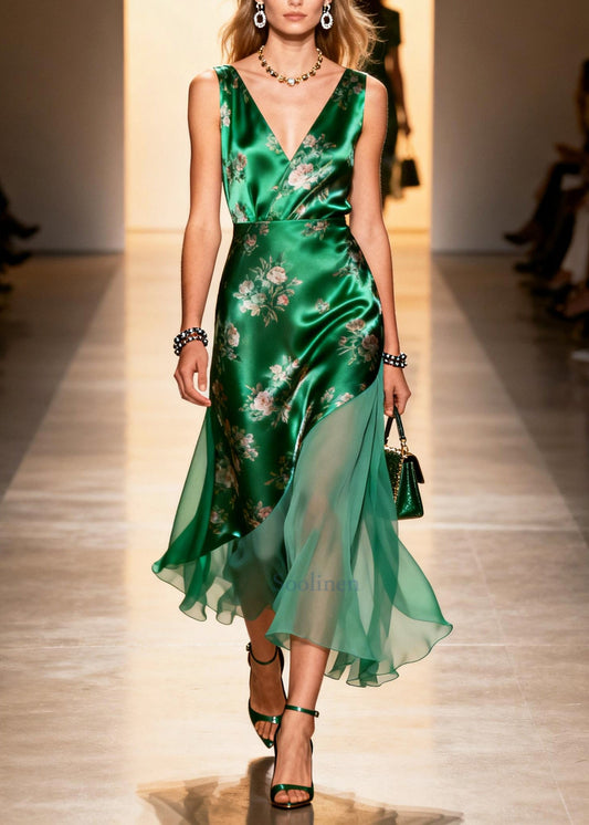 Women Peacock Green Print Patchwork Silk Cami Dresses Summer