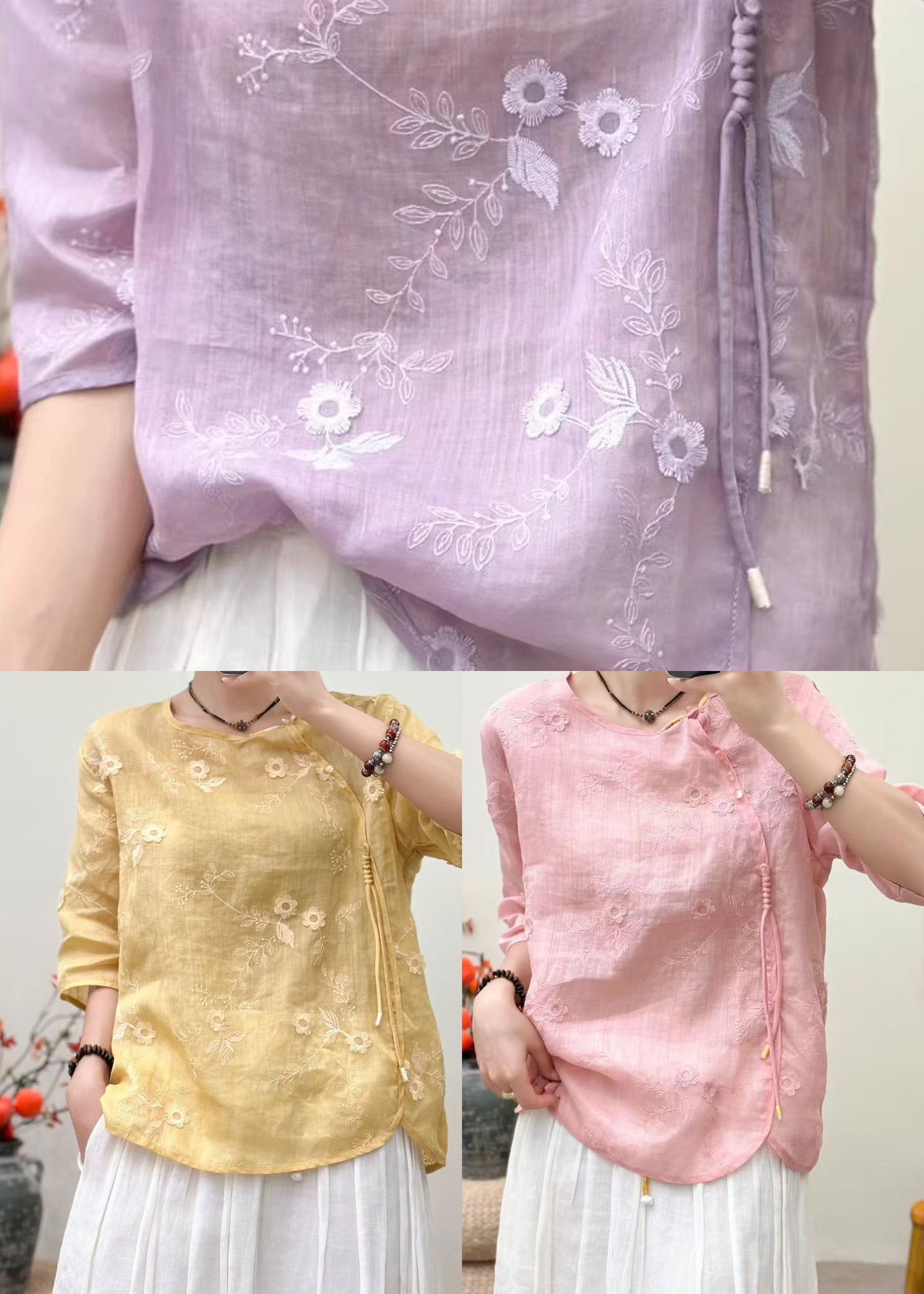 Women Pink Embroidered Chinese Button Linen Tops Half Sleeve