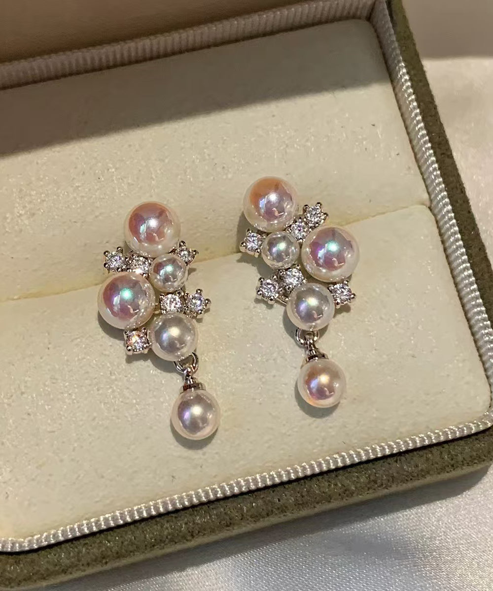 Women Pink Grape Cluster Pearl Zircon Drop Earrings