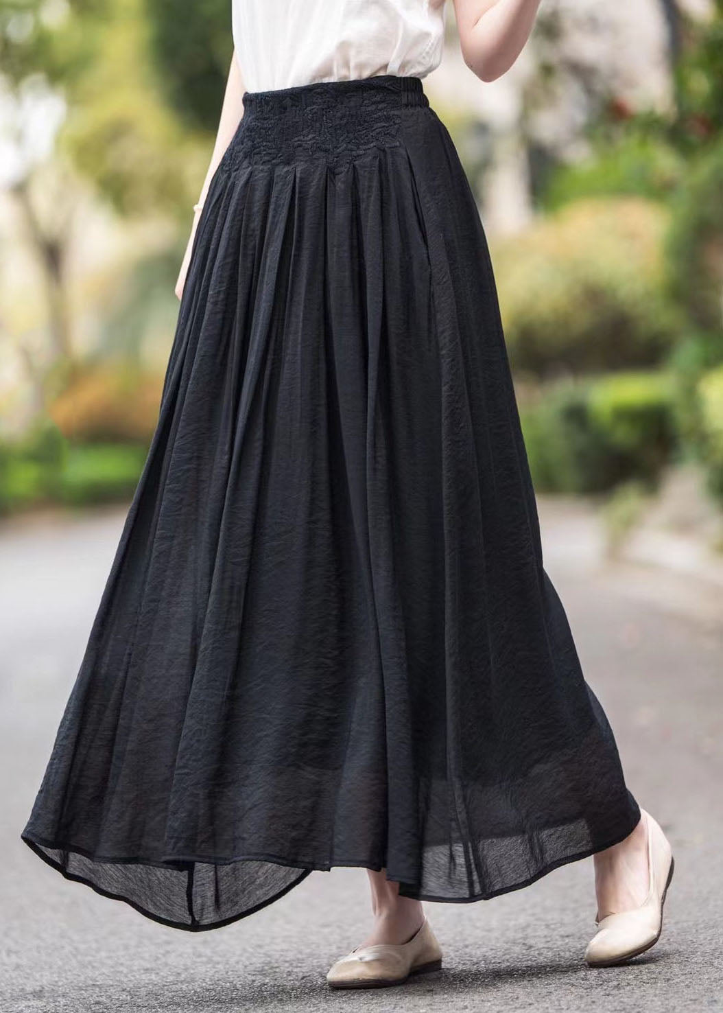 Women Pink High Waist Embroidered Wrinkled Linen Skirts Summer