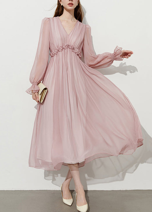 Women Pink Ruffled Chiffon Holiday Dress Summer