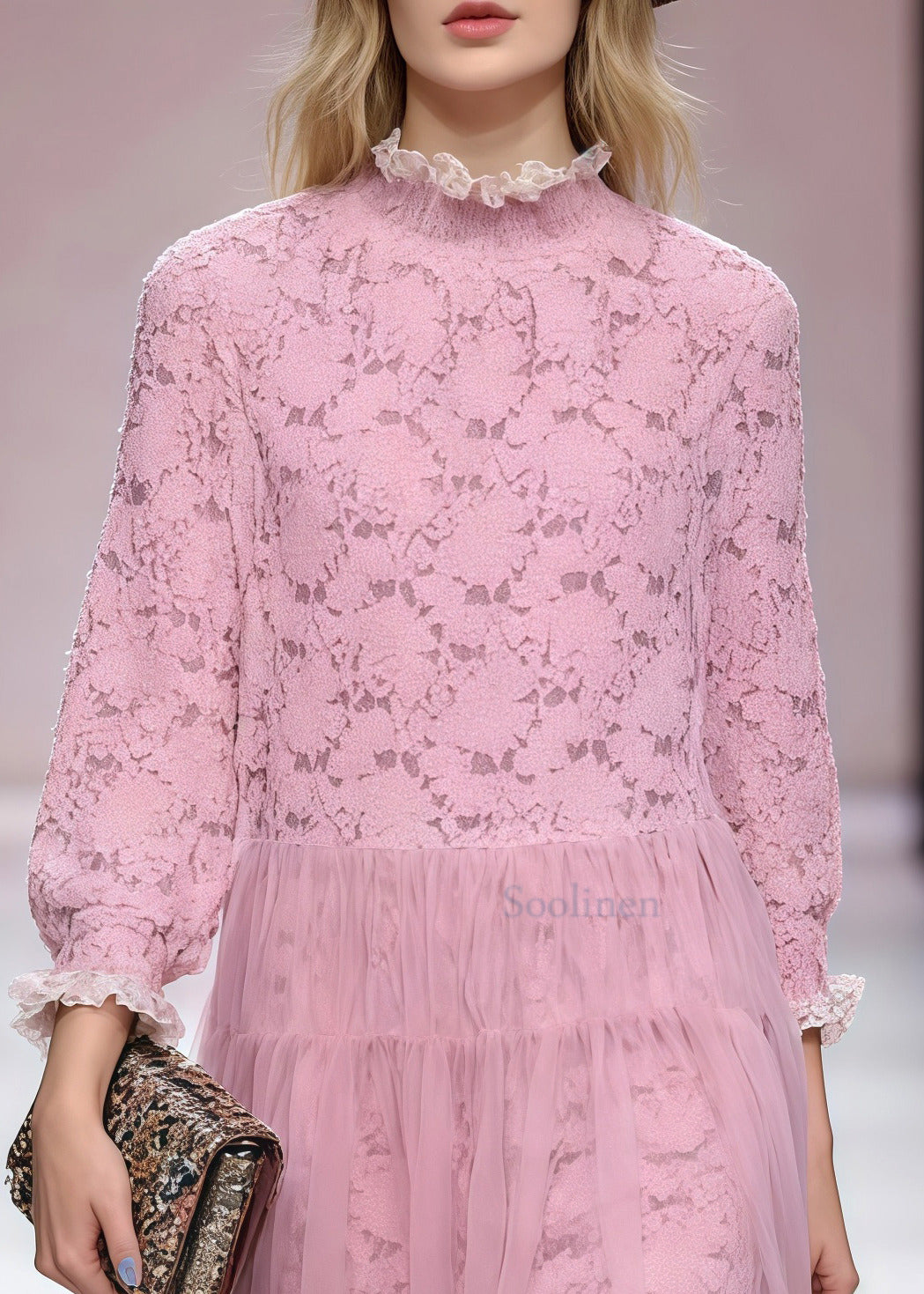 Women Pink Ruffled Patchwork Tulle Party Dress Spring